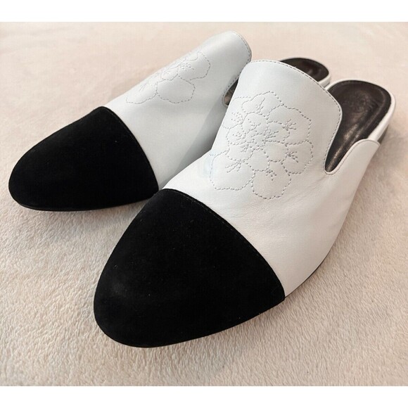NEW Anne Fontaine White Black Camellia Embroidery Slides Shoes Size 41 (9.5-10) - Picture 1 of 11